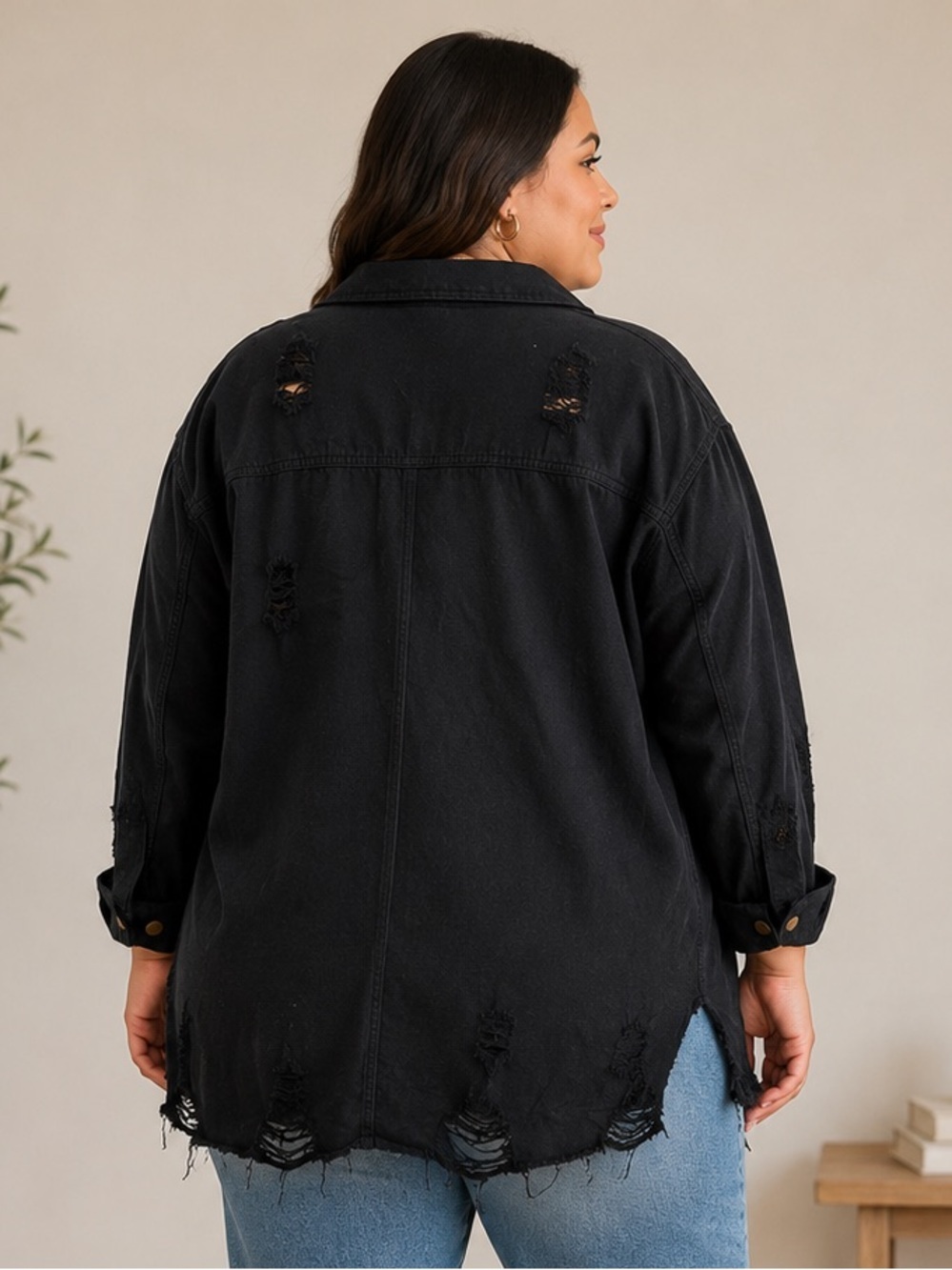 DAVI & DANI Black Distressed Button-Front Denim Shacket - Picture 2 of 4